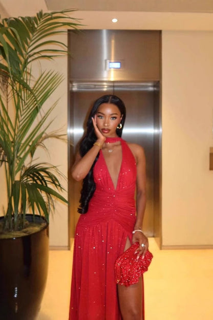 Sleeveless Backless Deep V Sequin Slit  Formal Dress