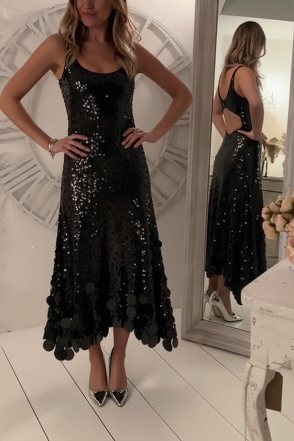 Party Tips Sequin Irregular Round Tassels Hem Back Cutout Tank Maxi Dress (Shipped Within 24 Hours)
