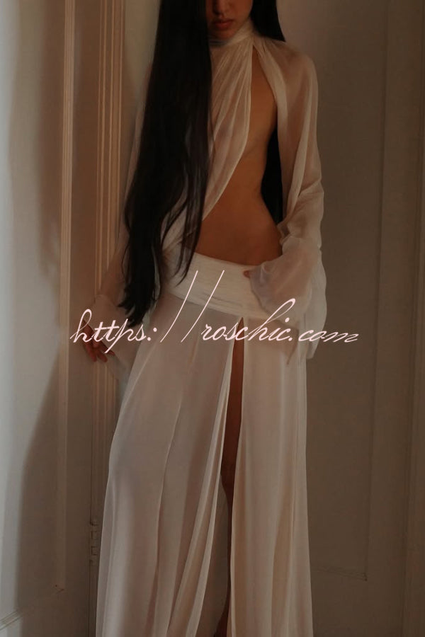 Sexy See-through High-neck Long-sleeved Draped Top and High-waisted Slit Maxi Skirt Vacation Set