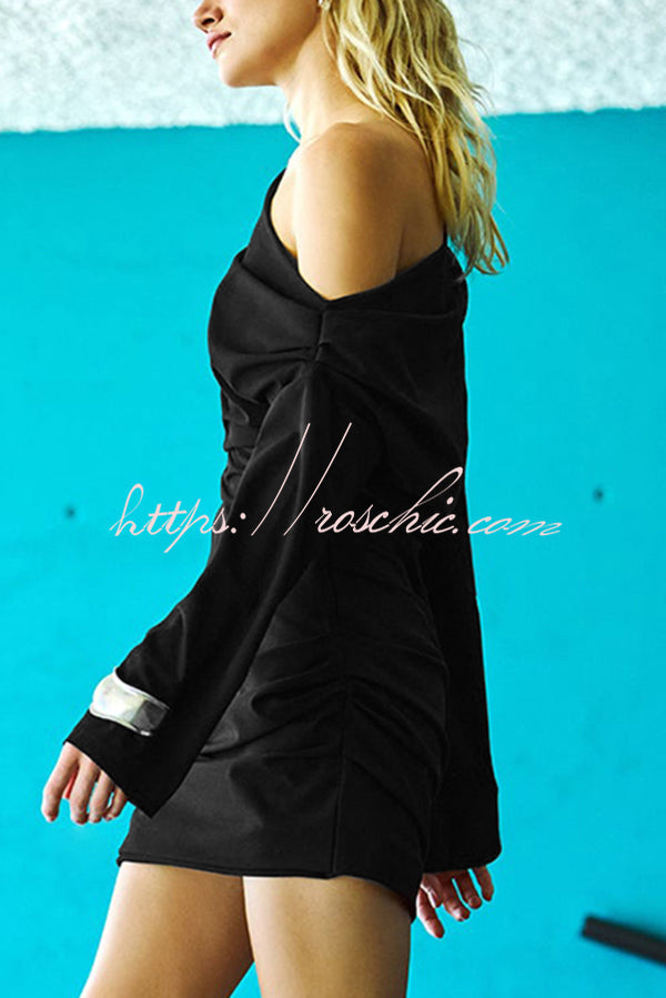 Solid Color Off-neck Long-sleeved Fitted Waist Casual Mini Dress