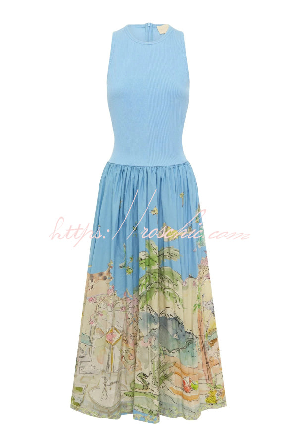 Ink Wash Print Round Neck Sleeveless Resort-style Midi Dress
