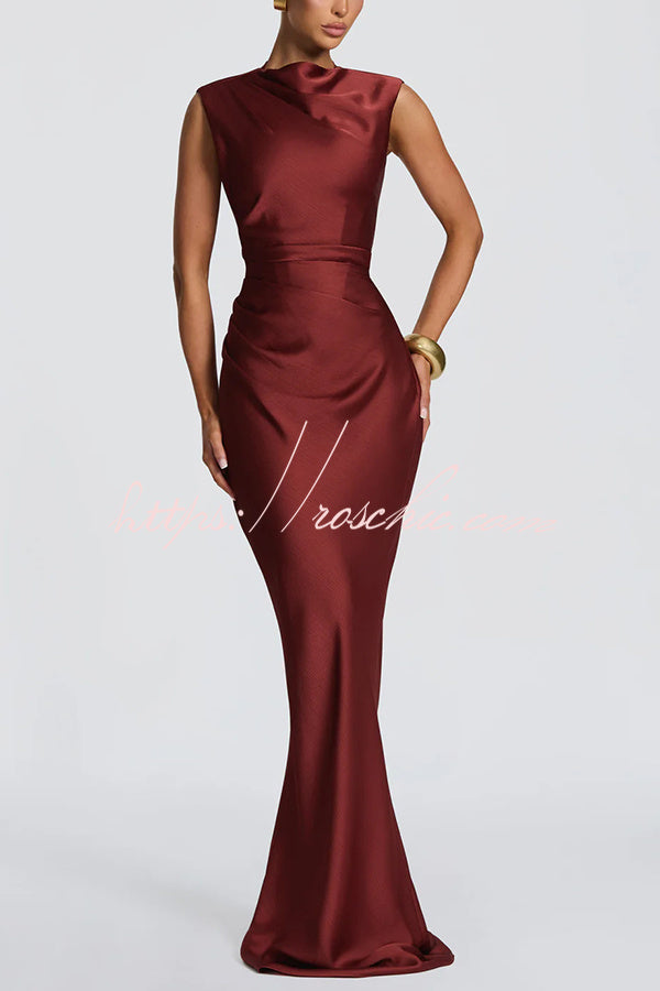 Avielle Satin High Neck Back Asymmetric Pleated Lace-up Drape Maxi Dress