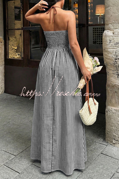 Striped Print V-Neck Sleeveless Backless Holiday Maxi Dress