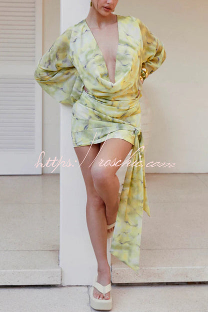 Tie-dye Print V-neck Long-sleeved Ribbon Vacation Mini Dress