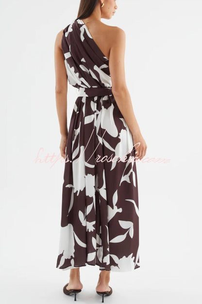 Unique Printed One-Shoulder Belt Casual Holiday Maxi Dress