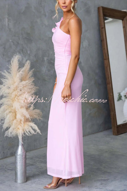 Fashionable Mesh Sleeveless One-shoulder Waist-revealing Maxi Dress