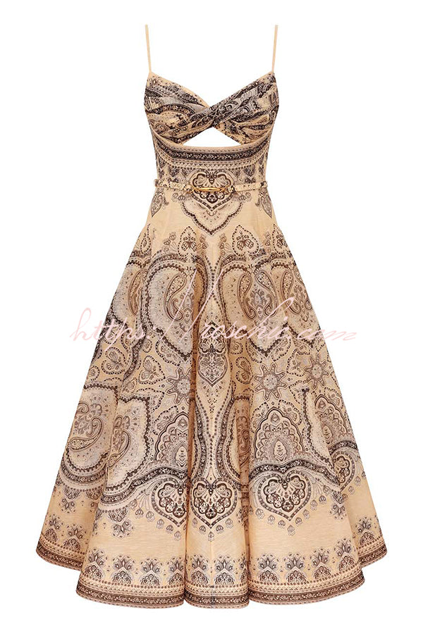 Luna Linen Blend Paisley Print Twist Back Smocked Pocket Slip Midi Dress