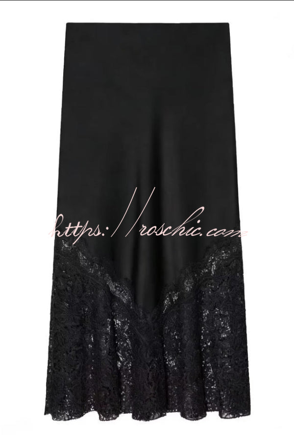 Solid Color Silk Satin and Lace Spliced elegant Maxi Skirt