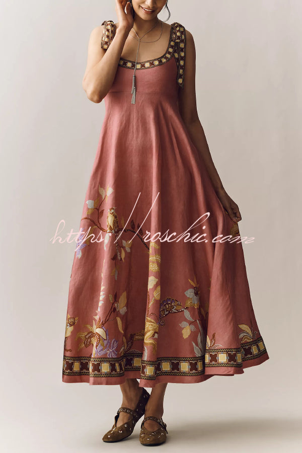 Linen Blend Unique Printed Tie-up Suspenders Pocket Elegant Vacation Maxi Dress