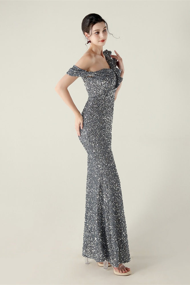 Vestido de fiesta formal con volante y un solo hombro drapeado