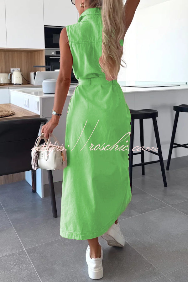 Solid Color Sleeveless Single Breasted Waist Tie Casual Pocket Denim Midi Dress