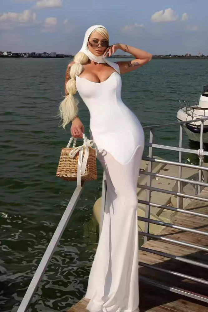 Vestido de gala de malla elástica con vendaje de tul