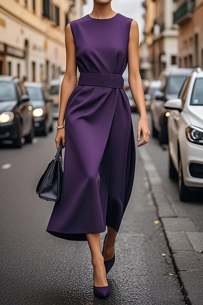 Solid Color Sleeveless Round Neck Casual Midi Dress