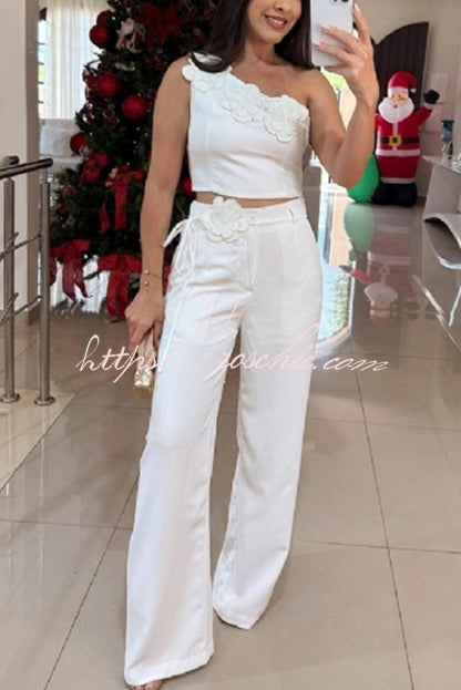 Alick Floral Detail One Shoulder Crop Top and Floral Belt High Waist Pocket Wide Leg Pants Set