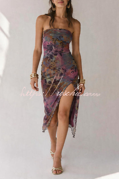 Mesh Tie-dye Slit Strapless Maxi Dress