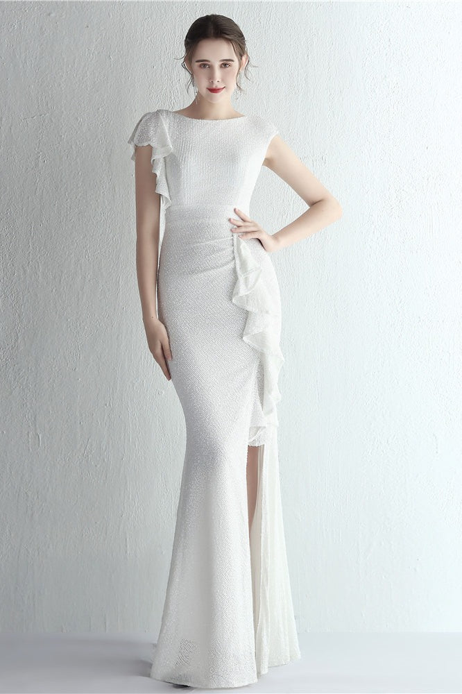 Vestido de gala de sirena con purpurina, cuello alto y abertura
