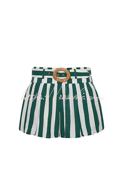 Claudine Striped Heart-shaped Smocked Tank and Raffia Buckle Belted Pocket Bubble Shorts Set