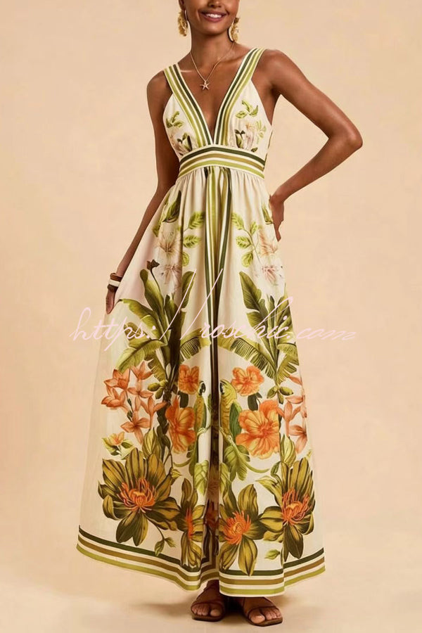 Botanical Print V-neck Backless Pleated Casual Vacation Maxi Dress