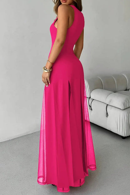 Solid Color Round Neck Sleeveless Slim Fit Sheer Patchwork Hem Maxi Dress