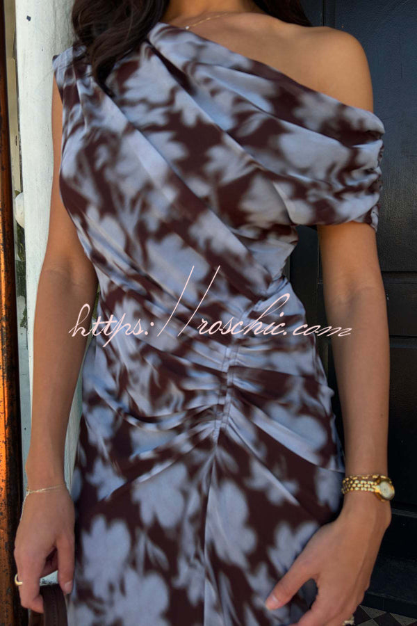 Unique Print Asymmetrical Off-Shoulder Pleated Waist Casual Maxi Dress