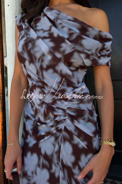 Unique Print Asymmetrical Off-Shoulder Pleated Waist Casual Maxi Dress