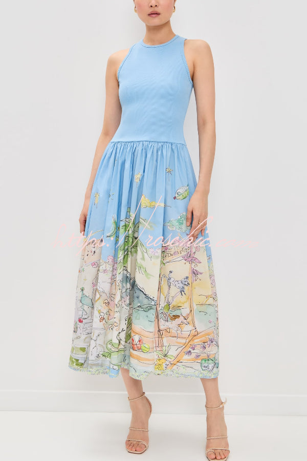 Ink Wash Print Round Neck Sleeveless Resort-style Midi Dress