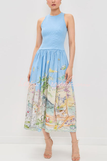 Ink Wash Print Round Neck Sleeveless Resort-style Midi Dress
