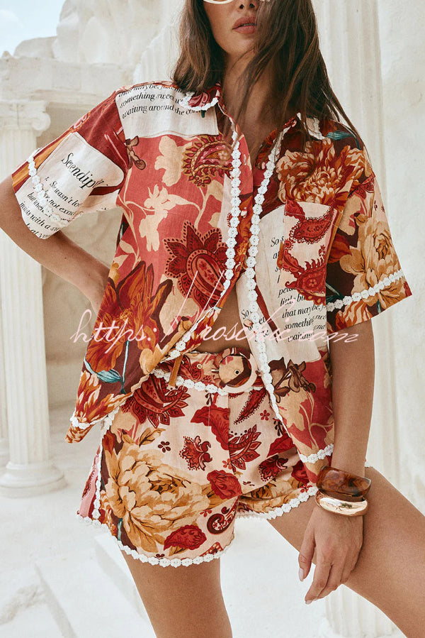 Unique Printed Collared Short-sleeved Loose-fitting Shirt and Casual Floral Trim Shorts Set