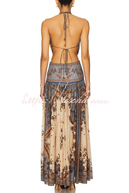 Chapel Linen Blend Floral Print Cutout Tie-up Waist Pocket Halter Backless Maxi Dress