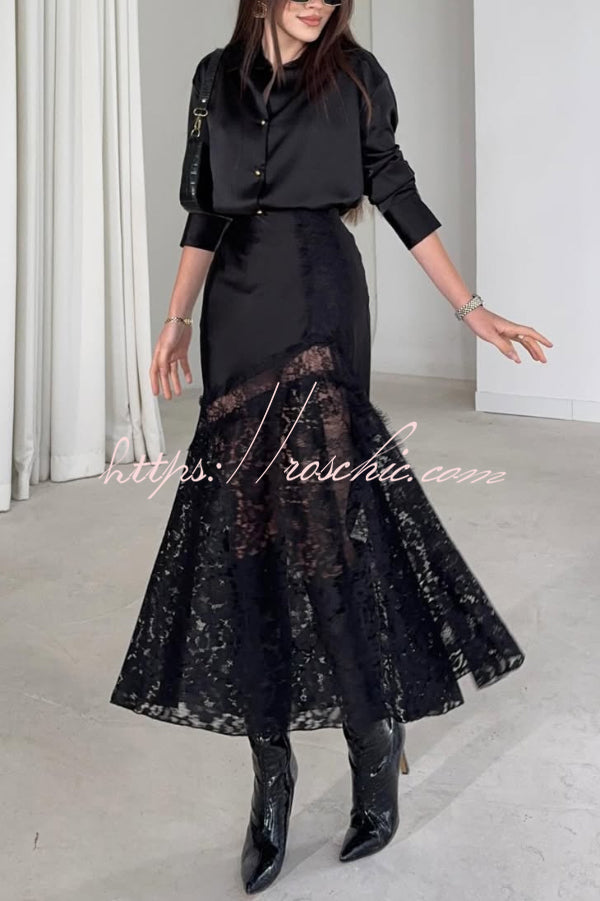 Solid Color Silk Satin Texture Single-breasted Long-sleeved Loose Shirt