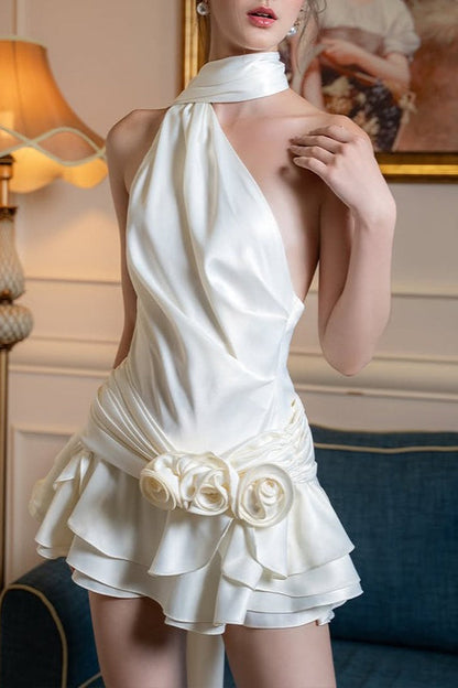 Elegante Vestido de Cóctel Floral 3D de Satén