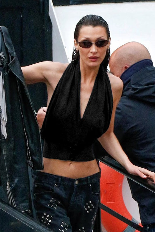 Top sin mangas holgado con cuello en V, halter, liso con botones en la espalda y sin espalda