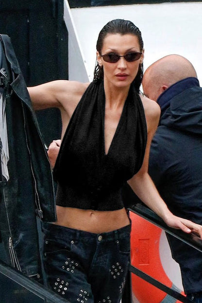 Top sin mangas holgado con cuello en V, halter, liso con botones en la espalda y sin espalda