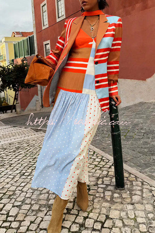 Vibrant Touch Color-blocked Polka Dot Print Slip Pleated Hem Maxi Dress