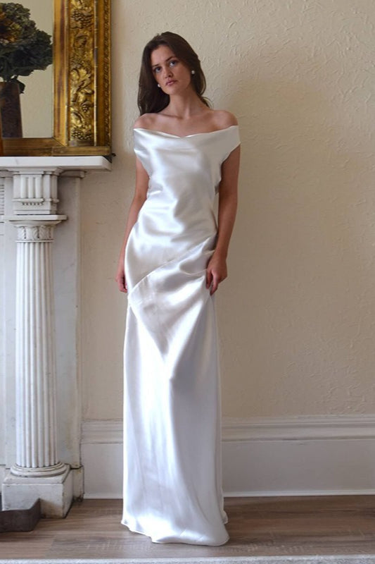 Off Shoulder Back Lace Satin Formal Dress