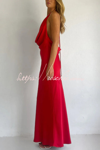 Solid Color Halter Neck Tie Backless Slim Fit Drape Maxi Dress