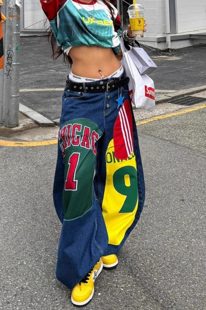 Graphic Patch Wide Leg Floor Length Trendy Hip Hop Jeans