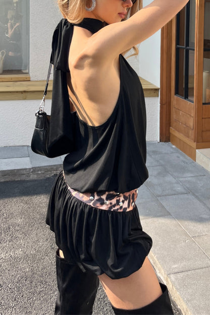 Stylish Halter Neck Backless Leopard Print Patchwork Casual Mini Dress