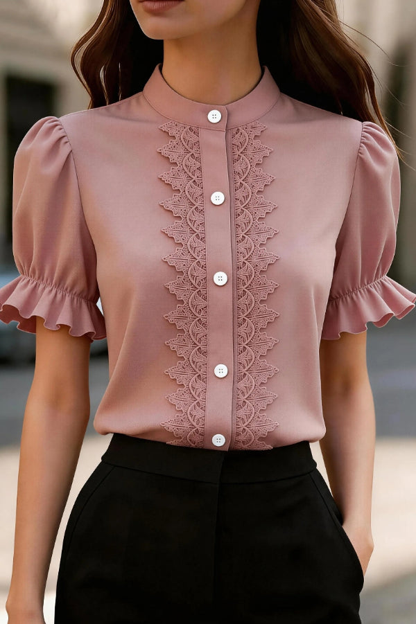 Solid Color Lace Patchwork Stand Collar Puff Sleeve Casual Shirt