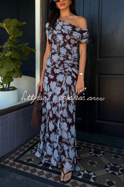 Unique Print Asymmetrical Off-Shoulder Pleated Waist Casual Maxi Dress