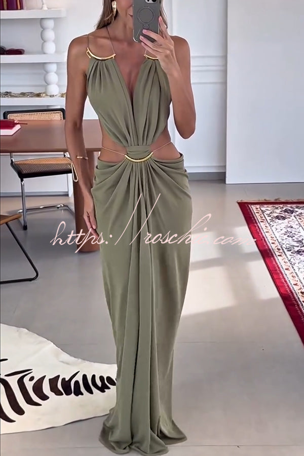 Athena Metal-Link Cutout Design Back Lace-up Drape Maxi Dress