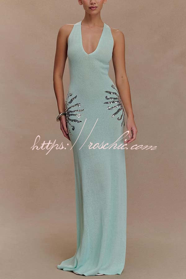 Sparkling Nights Knit Sunburst Sequin Detail Back Cross Straps Stretch Maxi Dress