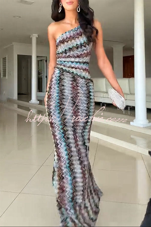 Cocktails and Vacation Knit Colorful Zigzag Pattern One Shoulder Slit Maxi Dress