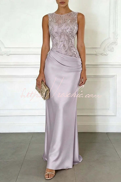 Vera Mesh Embroidery Satin Ruched Crew Neck Sleeveless Gown Maxi Dress