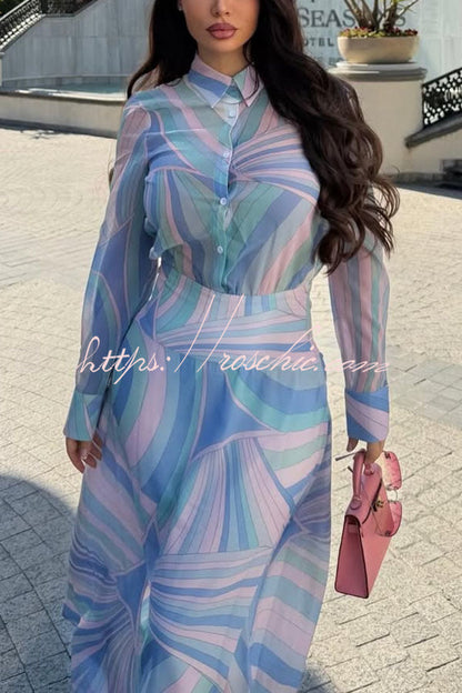 Gianna Chiffon Unique Print Button Long Sleeve Flare Hem Shirt Maxi Dress