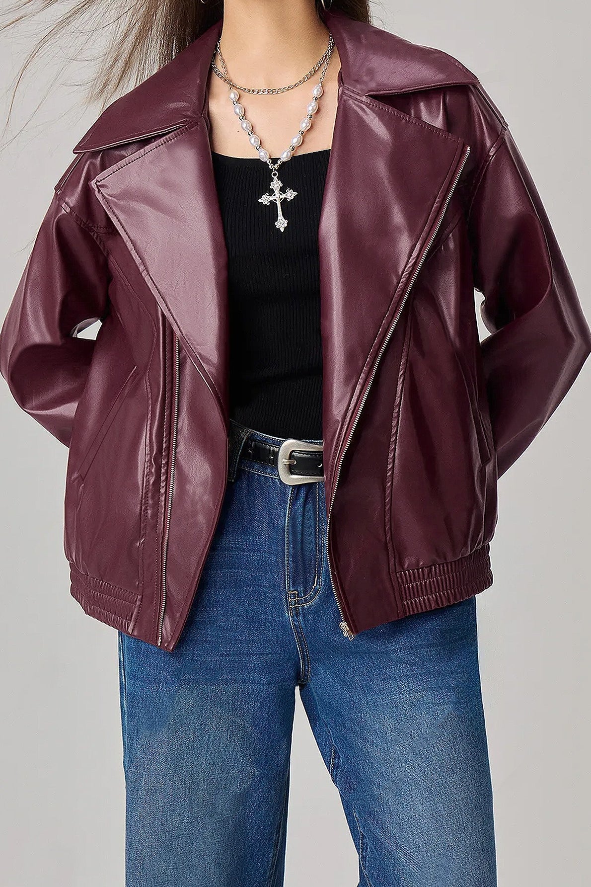 Chaqueta de cuero de manga larga oversize