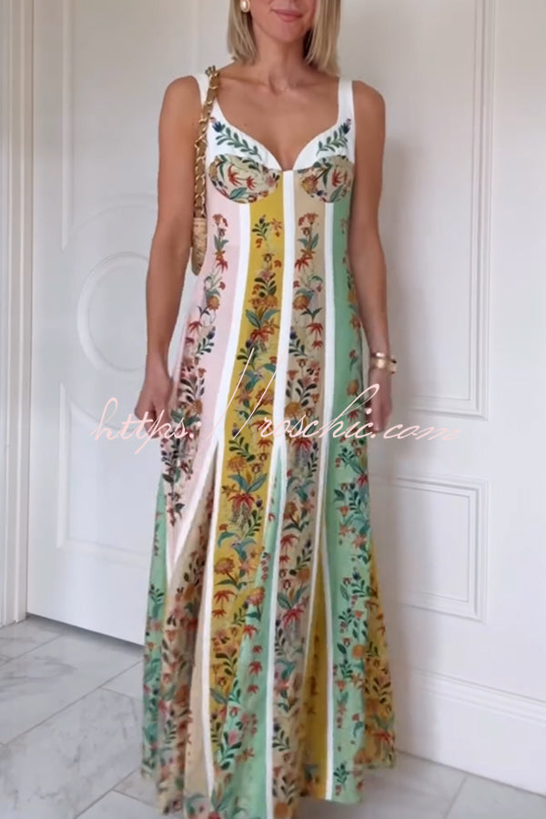 Sweet Garden Linen Blend Color Block Floral Paneled Maxi Dress