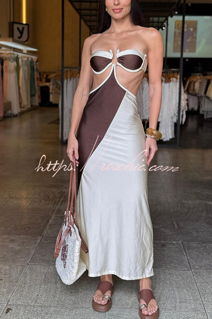 Colorblock U-Hardware Detail Straps Elastic Bikini and Cover-up Maxi Dress Three-piece Set