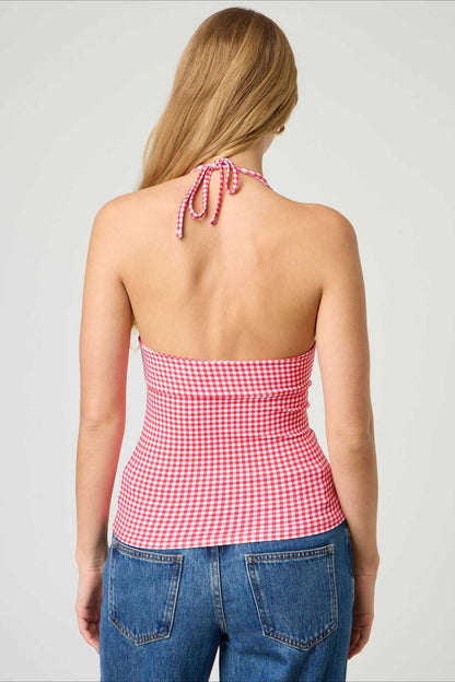 Top halter ajustado de cuadros y lunares sexi