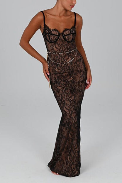 Lace Strappy Off-Shoulder Maxi Formal Dress